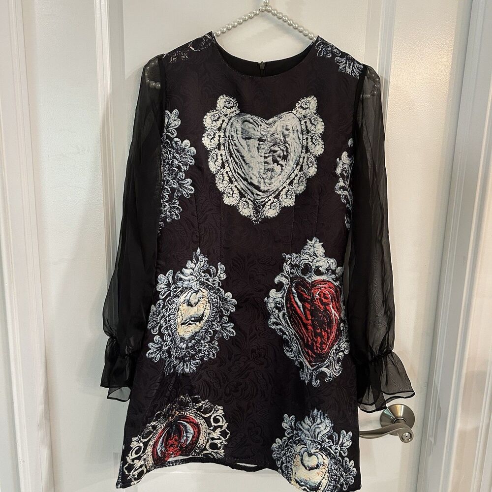 Womens Whimisgoth Fairy Grunge Vamp Dark Floral Mini Dress Size S Sheer Sleeve